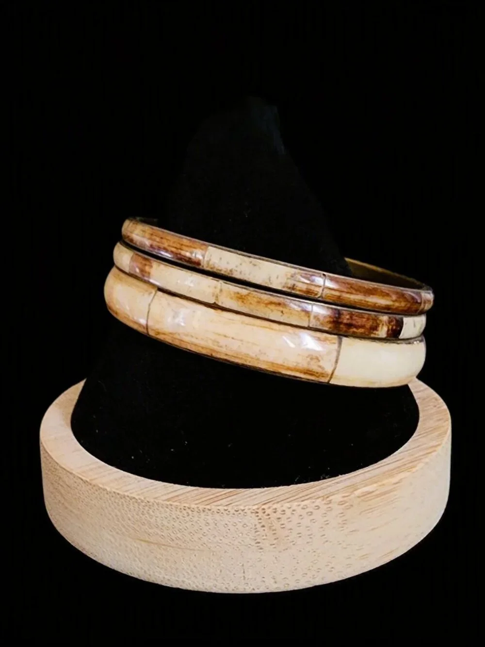 Vintage 1970s Bison Horn & Brass Bangle Bracelet Set of 3 Boho Stack